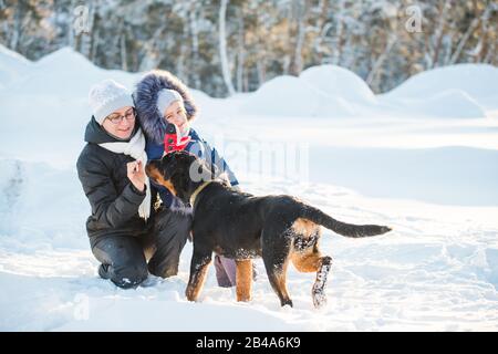 Fröhliche positive Familienmama und Tochter laufen mit ihrem geliebten Hund rottweiler an einem sonnigen Wintertag auf dem Land in der Nähe des Waldes. Die Con Stockfoto