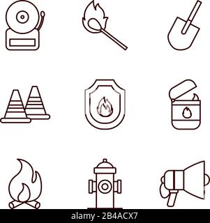 Linienart Icon Set Design, Notfallrettung Rettungsdienst Notruf 11 Gefahr helfen Sicherheit und Hilfe Thema Vector Illustration Stock Vektor
