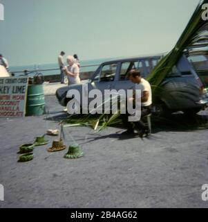 Vintage ca. 1970 Foto, Mann webt Hüte und Körbe aus Palmblättern in Kew West, Florida. QUELLE: ORIGINAL 35 MM NEGATIV. Hinweis: Das Bild hat eine leichte Bewegungsunschärfe. Stockfoto