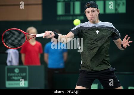 Düsseldorf, Deutschland. März 2020. Tennis, Herren, Davis Cup - Qualifikation, Deutschland - Weißrussland: Struff (Deutschland) - Iwaschka (Weißrussland). Ilya Ivashka in Aktion. Kredit: Federico Gambarini / dpa / Alamy Live News Stockfoto