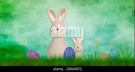 Ein farbenfroher osterhintergrund mit Häschen und ostereiern Stockfoto
