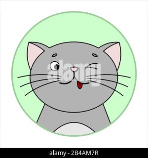 Cute Überraschte Katze, Runde Ikone, Emoji. Graue Katze Mit EINEM Flüstern, Lächeln, zeigt Zunge, neckt. Vektorbild Isoliert Auf WEISSEM Hintergrund. Stock Vektor