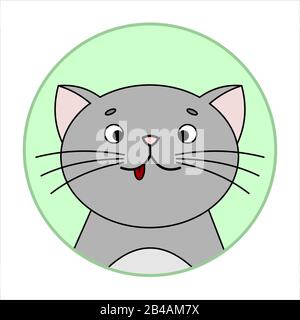 Cute Überraschte Katze, Runde Ikone, Emoji. Graue Katze Mit EINEM Whisker, Lächeln, zeigt Zunge. Vektorbild Isoliert Auf WEISSEM Hintergrund. Stock Vektor