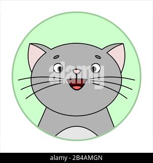 Cute Überraschte Katze, Runde Ikone, Emoji. Graue Katze Mit EINEM Whisker, Lächelt. Vektorbild Isoliert Auf WEISSEM Hintergrund. Stock Vektor