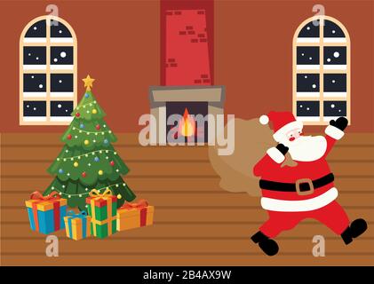 Dekoriertes weihnachtshaus mit weihnachtsmann, Baum, Kamin und Fenstern Stock Vektor