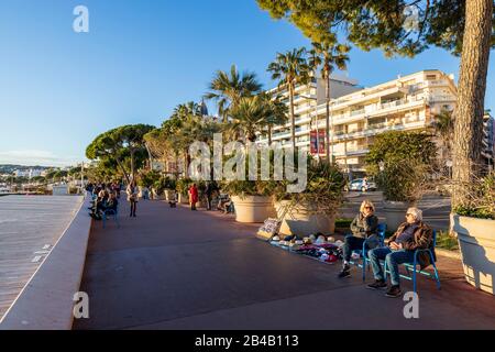 Frankreich, Alpes-Maritimes, Cannes, La Croisette, lange Promenade mit Palmen und Kiefern Stockfoto