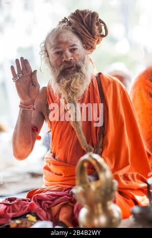 Indien, Uttarakhand, Haridwar, heilige Stadt des hinduismus, Kumbh Mela Hindu-Pilgerreise, Porträt eines Sadhu Stockfoto