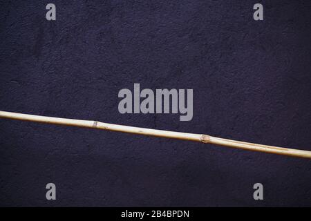 Dunkle Flieder mit einer Struktur aus Stein, mit einem einsamen Bambusstamm. Konzeptioneller Hintergrund des Minimalismus. Stockfoto