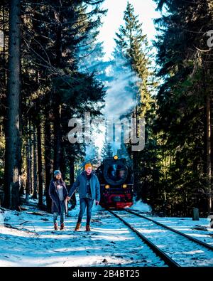 Nationalpark Harz Deutschland, historische Dampfstraßenbahn im Winter, drei Annen hohen, Deutschland, Dampflok der Harzer Schmallspurbahnen in Stockfoto