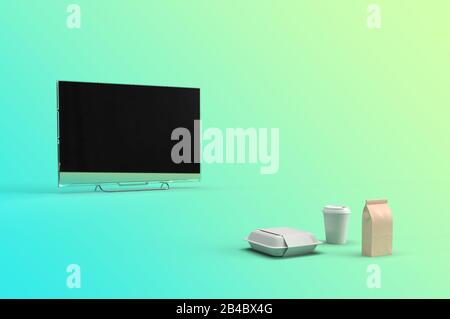 3D-Rendering eines Smart Television mit Mittagspakete, Kaffeebecher und Papierkaffeetasche, leerer Mockup. Darstellung des Freizeitkonzepts. Stockfoto