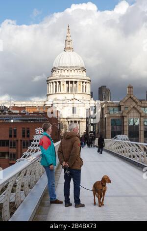 Hund geht in London - geht mit dem Hund auf der Millennium Bridge in der Nähe der St Pauls Cathedral, City of london UK - Beispiel London Lifestyle Stockfoto