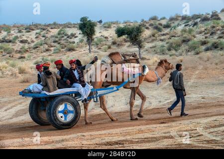 Kamel zieht eine Kutsche in der weißen Wüste in Gujarat und Rajasthan Rajasthan Indien. Kamel- und Pferdekarren sind beliebte Touristenattraktionen für Besucher Stockfoto