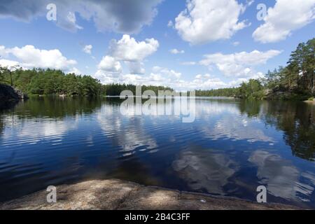 Charakteristischer skandinavischer See, umgeben von Kiefern Stockfoto