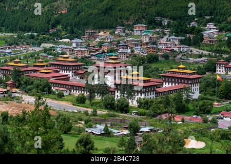 Sitz der Regierung Thimphu Dzong oder Trashi Chhoe Dzong im traditionellen architektonischen Stil, Thimphu, Bhutan Stockfoto