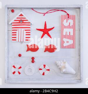 Rot-weißes maritimes Stillleben mit Natur- und Dekorationsobjekten in einer Holzkiste Stockfoto