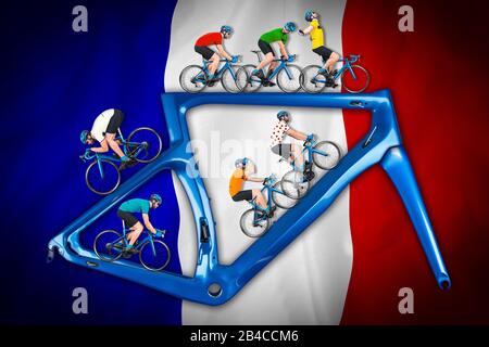 Radfahrer im Wettkampftrikot auf Rennrad auf einem modernen blauen Carbonrahmen auf blau-weißer französischer Flagge Stockfoto