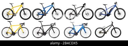Set Kollektion verschiedener Fahrradmodelle und e-Bike: Gelb schwarz und blau Mountainbikes, Rennsport Carbon Cycle, Enduro Full Suspension und Batter Stockfoto