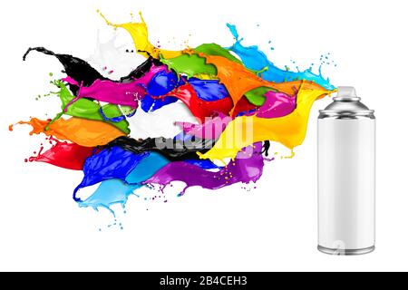 Spray kann bunte Regenbogenfarbe sprühen, die auf weißem Hintergrund explodiert. Industrie diy Paintjob Graffiti-Konzept. Stockfoto