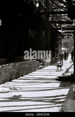 Schwarz-Weiß-Reisefotografie - Straßenszene im islamischen Kairo Bezirk der Stadt Kairo in Ägypten in Nordafrika Mittlerer Osten - Chiaroscuro Stockfoto