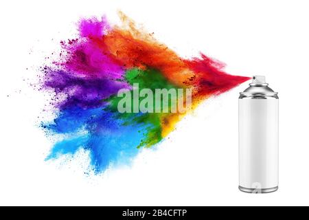 Spray kann bunte Regenbogenfarbe Holi Farbe Pulverexplosion isoliert auf weißem Hintergrund sprühen. Industrie diy Paintjob Graffiti-Konzept. Stockfoto