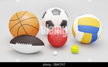 Verschiedene Sportball auf weißem Hintergrund. Umfasst einen Fußballball, einen Fußball, einen Basketball und mehr. 3D-Rendering Stockfoto