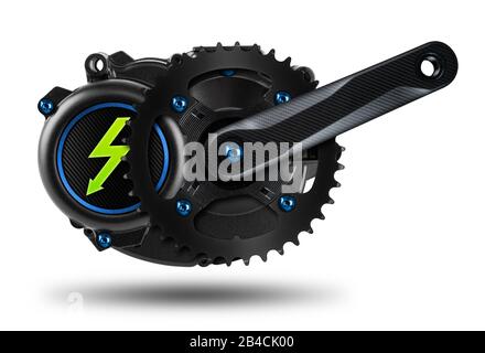 E Motor für Bike- oder Pedelec-Mittelantrieb mit blauen Schrauben, Carbonfaser-Tuning-Kurbel und grünes Symbol für die Beleuchtung von Elektrizität isoliert auf dem Motor Stockfoto