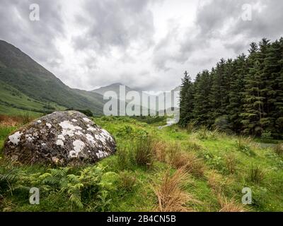 Scottish Highlands, Schottland. Ein windgepeitschter und übergiebelter Blick auf das Tal Glen Nevis mit dem Berg Ben Nevis in der Ferne. Stockfoto