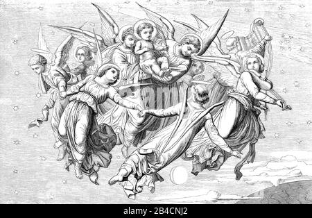 Himmelfahrt des Kleinkindes Jesus im Himmel unterstützt von fliegenden Engeln Stockfoto