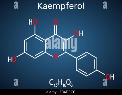 Kaempferol. C15H10O6-MOLEKÜL. Es ist Antioxidationsmittel, natürliches Flavonol, Typ des Flavonoids. Strukturelle chemische Formel auf dem dunkelblauen Hintergrund. Vektor Stock Vektor