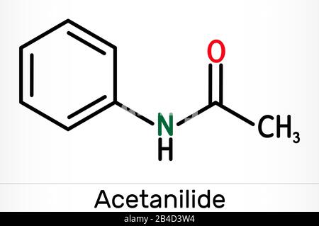 Acetanilid, C8H9NO, Wirkstoffmolekül. Es hat analgetische und fieberreduzierende Eigenschaften. Skelettchemische Formel. Abbildung Stockfoto