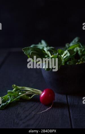 Rettich mit grünem Grün auf dunklem Hintergrund Stockfoto