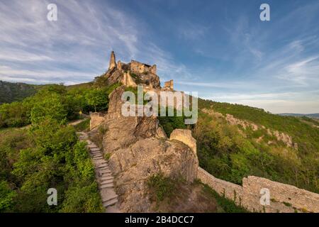 Dürnstein, Wachau, Waldviertel, Krems, Oberösterreich, Österreich, Europa. Die Burgruine Dürnstein Stockfoto