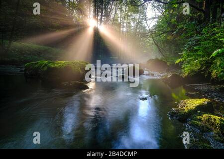 Sonnenauf- und Nebelfäden über dem Wasser eines Flusses Stockfoto