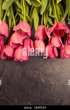 Rosa Tulpen auf dunkelgrauem Grunge Hintergrund. Copyspace. Stockfoto
