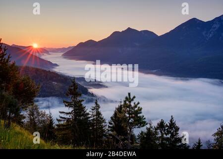 Isartal im Nebel, Blick von Krepelschrofen bei Sonnenaufgang, Wallgau, Werdenfelser Land, Oberbayern, Bayern, Deutschland Stockfoto