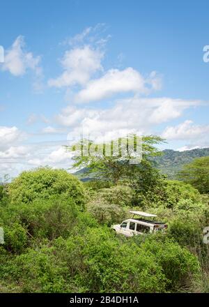 Tansania, Nordtansania, Serengeti-Nationalpark, Ngorongoro-Krater, Tarangire, Arusha und Lake Manyara, Jeep auf einer staubigen Straße Stockfoto