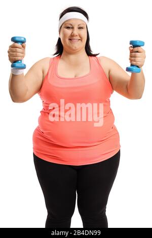 Junge übergewichtige Frau Training mit Kurzhanteln auf weißem Hintergrund Stockfoto