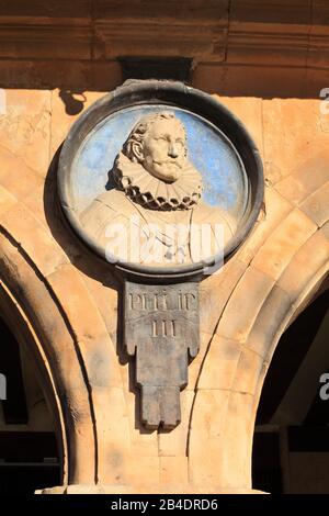 Medaillon von König Philipp III. Auf dem Plaza Mayor Square, Salamanca, Kastile und Leon, Spanien, Europa Stockfoto