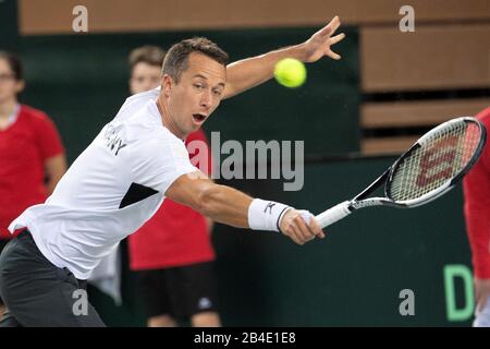 Düsseldorf, Deutschland. März 2020. Tennis, Herren, Davis Cup - Qualifikation, Deutschland - Weißrussland: Kohlschreiber (Deutschland) - Gerassimow (Weißrussland). Philipp Kohlschreiber in Aktion. Kredit: Federico Gambarini / dpa / Alamy Live News Stockfoto