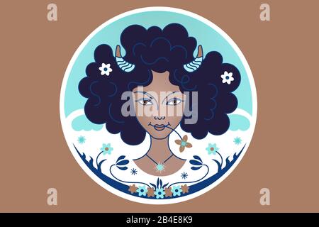 Sternzeichen Widder Zodiac, Mädchen oder Frau mit flauschigen afrikanischen schwarzen Haaren, Blumen, braunem Hintergrund. Fantasy-Illustration, Schmuck in einer Fee Stock Vektor