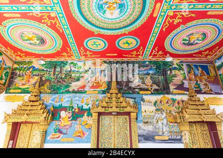 Laos, Vientiane, Wat Ong Teu Mahawihan, Gemälde mit Buddha-Thema Stockfoto