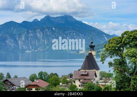 Steinbach am Attersee, Attersee, Kirche, Berg Schafberg im Salzkammergut, Oberösterreich, Oberösterreich, Österreich Stockfoto