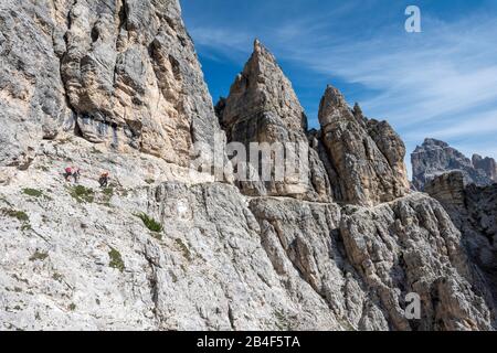 Misurina, Auronzo di Cadore, Provinz Belluno, Venetien, Italien. Kletterer auf dem Weg auf der Via ferrata 'Bonacossa' in der cadini-gruppe Stockfoto