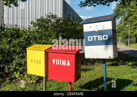 Helsinki, Hafen, Katajanokka Icebreaker Base, Briefkästen für die Eisbrecher Sisu, Voima und Otso Stockfoto