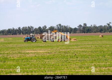 Einen landwirtschaftlichen Traktor Lader lasten Heuballen in einen Traktor Anhänger auf dem Feld Stockfoto