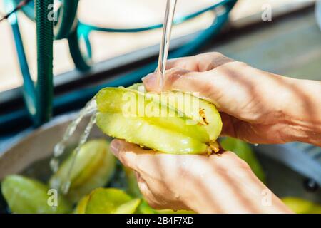 Nahaufnahme der Frau, die frische organische Sternfrucht (Averrhoa carambola), alias Carambola, waschen, unter fließendem Wasser spülen und mit den Fingern scheuern Stockfoto