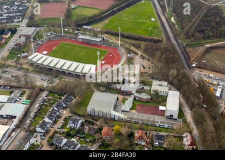 Luftbild, Lohrheidestadion ist ein Fußballstadion mit Leichtathletikanlage im Stadtbezirk Wattenscheid in der Stadt. SG Wattenscheid 09, Leithe, Dortmund, Ruhrgebiet, Nordrhein-Westfalen, Deutschland Stockfoto