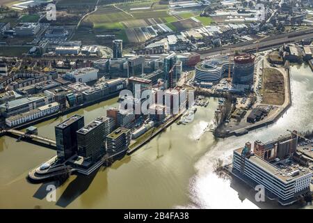 Luftbild, Medienhafen Düsseldorf, Rhein, Trivago Hauptsitz, Düsseldorf, Rheinland, Nordrhein-Westfalen, Deutschland Stockfoto