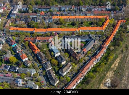 Luftbild zur Wohnbebauung Kronprinzenstraße, im Grubenfeld, Mietshäuser mit neuen roten Dächern auf dem Ostfriedhof in Dortmund im Ruhrgebiet im Bundesland Nordrhein-Westfalen, Deutschland. Stockfoto