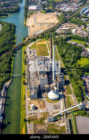 Luftbild des Kraftwerks Uniper Datteln in Datteln am Dortmund-Ems-Kanal, stillgelegtes Kohlekraftwerk. Emscher-Lippe, Datteln, Ruhrgebiet, Nordrhein-Westfalen, Deutschland Stockfoto